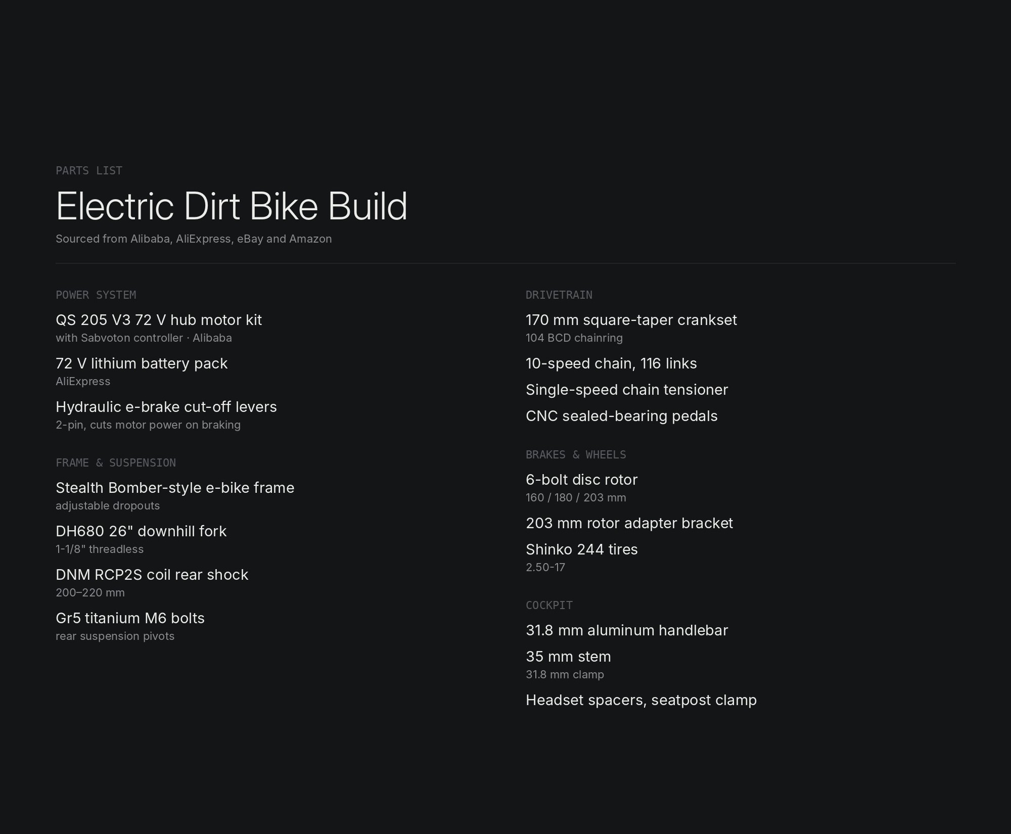 Parts list for the electric dirt bike build